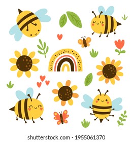 vector set of cute bees, sunflowers, butterflies, summer clipart for children