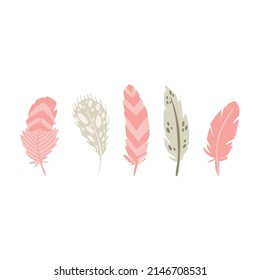 Vector set of cute bird feathers in pastel colors. Isolated on white background