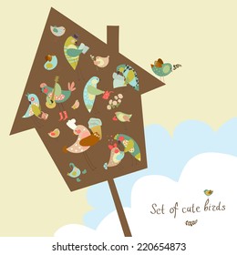 Vector set of cute birds. Cartoon collection. Funny little bird family.