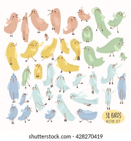 Vector set of cute birds. Cartoon collection with funny little bird family.