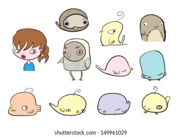 Vector set of cute birds and a girl