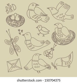 Vector set with cute birds, insects, eggs and nests.