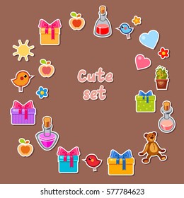 Vector set of cute birds, presents, apples, bottles, flowers and hearts. Collection of cartoon objects. Bright child illustration.