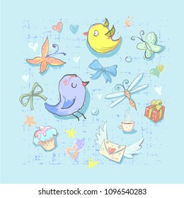 Vector Set of Cute Birthday Party Themed Birds and different elements hand drawn directly in vector