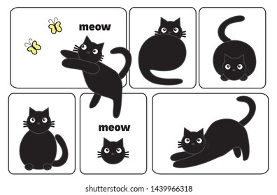 Vector set of cute black cat cartoon character. chubby black cat.