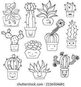 Vector set of cute black and white sketch plants isolated on white background. Cactus with funny smiley faces. Hand drawn ink illustration, line drawing