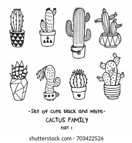 Vector set of cute black and white. Cactus family. Sketchy illustration