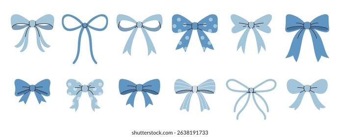 Vector set of cute blue bows in flat style. Fashion accessories. Cute girlish bows collection in coquette style. Baby boy.