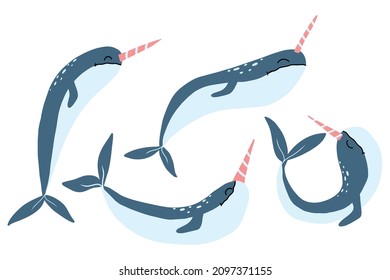 Vector set of cute blue narwhals. Cute whales with a horn.
