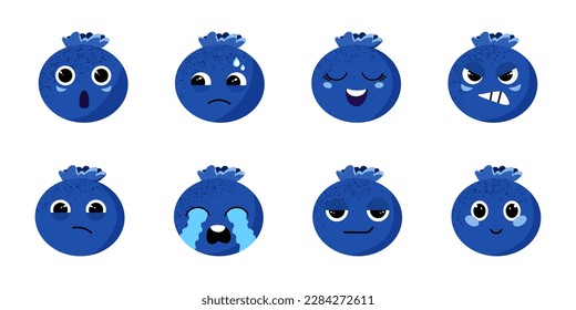 Juego de vectores de un lindo personaje de arándano azul. Rostros sonrientes, bayas en vivo. Blueberries con diferentes emociones, sorprendidos, llorosos, felices, fríos, tristes, pensativos. Elegante conjunto de bayas divertidas.
