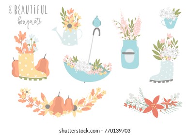 Vector set of cute bouquets in cartoon style. Perfect for greeting card, 8 march, wedding, save the date, birthday, kids room design elements