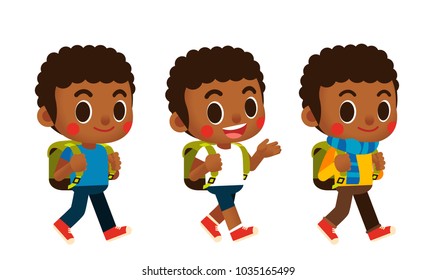 Vector set of cute boy characters walking, wearing different outfits and carry on backpack