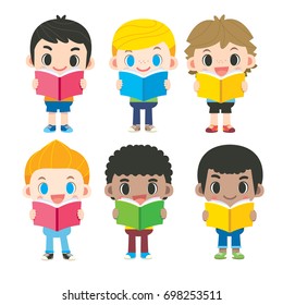 Vector set of cute boy characters holding, reading book isolated on white background.