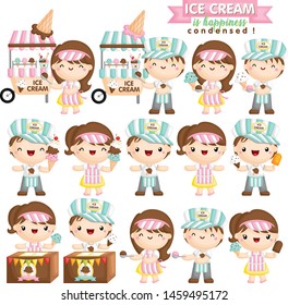 A Vector Set of Cute Boy and Girl as an Ice Cream Seller who is Happily Selling Various Ice Cream