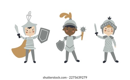 vector set of cute boys dressed like knights, adorable illustration for children