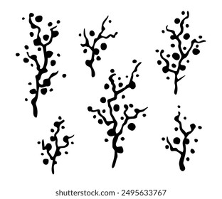 Vector set of cute branches with berries. Hand drawn botanical elements, isolated on white background.