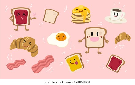 vector set cute breakfast:bread toast jam bacon egg pancake croissant   coffee Illustration cute hand draw smile food Food background 