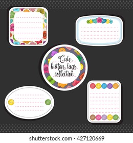 Vector set of cute bright colorful buttons tags and stickers. 3d volume effect, glossy game style. Suitable for sewing or craft items storage, jars, notebooks. Vector illustration.
