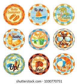 Vector set of cute bright summer badges with slogans. Slippers, yacht, palms, cream and tan, spade and bucket, sunglasses, surf, photo camera, beach ball.