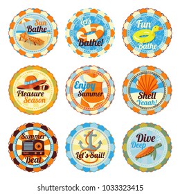 Vector set of cute bright summer badges with slogans. Chase lounge, bathing duck, hat and glasses, bikini girl, shell, radio, anchor, sea turtle.