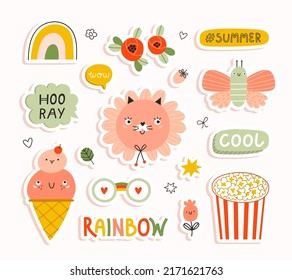 Vector set of cute bright summer stickers. Funny cartoon characters, doodles and hand drawn phrases. Cat, popcorn, ice cream, butterfly, sunglasses, flowers, rainbow, speech bubble, lettering