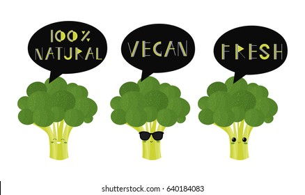 Vector set with cute broccoli characters. Natural, vegan, fresh