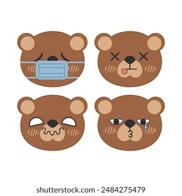 Vector set of cute brown bear face stickers
