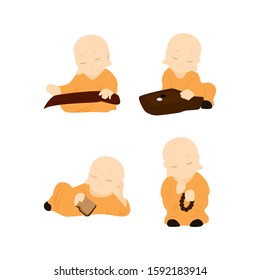 vector set of cute Buddhist monks wearing simple yellow robe. Monks play guzheng, go, lie down and pray.