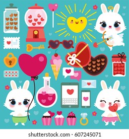 Vector set of cute bunnies and items for Valentine's Day. Heart, sweets, love letter, and other elements.