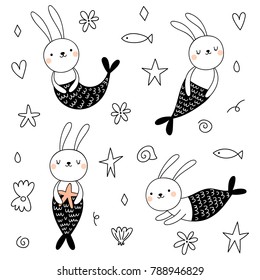 Vector set with cute bunnies mermaids.