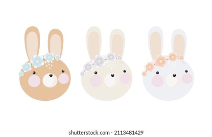 Vector set with cute bunny. Illustration in cartoon style. Good for baby shower invitations, birthday cards, stickers, prints etc.
