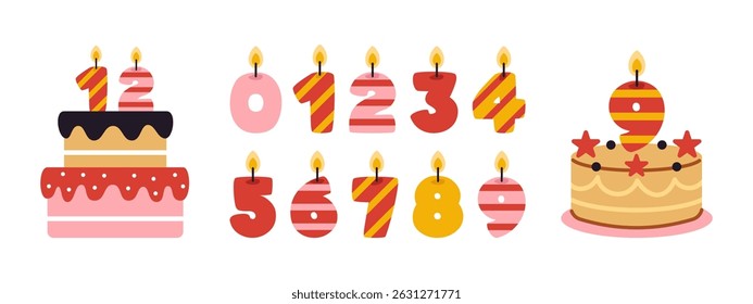 Vector set of cute burning numbers candles. Funny childish candlelights shaped like numbers and birthday cakes in flat design. Childish age year candles collection. Celebration party cakes.