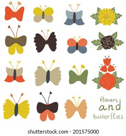 Vector set of cute butterflies and flowers. Decorative elements isolated on white. Vintage insect and flowers.