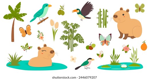 Vektorgrafik-Set mit niedlichen Capybara. Vögel, Schmetterlinge, Bambus, Sumpf, Mango. Erstellt eine Kollektion von Elementen für Scrapbooking. Logo, Print, Poster, Design-Vorlage.