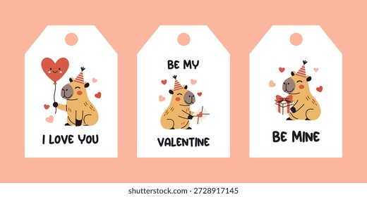 Conjunto de Vector de etiqueta de regalo de San Valentín capybara lindo con sombrero de fiesta, globo del corazón, carta de amor y presente. Etiqueta divertida del amor animal para la tarjeta de felicitación, envoltura y diseño de vacaciones.