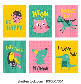 vector set of cute cards with animals and hand lettering text