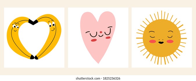 Vector set. Cute cards with different emotions and moods. All elements are isolated. Flat design. Cartoon style.