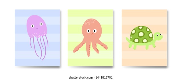 Vector set of cute cards templates with marine theme. Hand drawn sea animals characters illustration. Childish print for nursery, kids apparel, postcard, anniversary, party invitations, room design