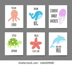 Vector set of cute cards templates with marine theme. Hand drawn sea animals characters illustration. Childish print for nursery, kids apparel, postcard, anniversary, party invitations, room design
