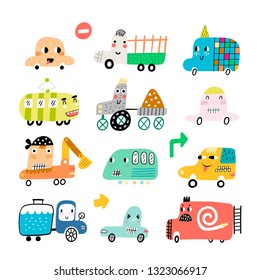 Vector set, cute cars in nursery style. Fun cars - truck, taxi, fire truck, bus, van, tractor and excavator. Isolated design elements for children. - Vector illustration