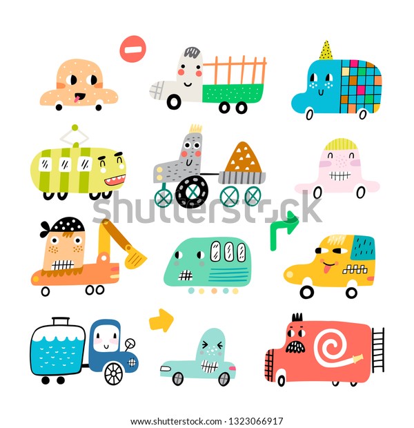 Vector set, cute cars\
in nursery style. Fun cars - truck, taxi, fire truck, bus, van,\
tractor and excavator. Isolated design elements for children. -\
Vector illustration