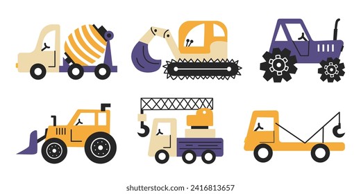 Vector set of cute cars. Tractor, cargo crane, bulldozer, excavator, concrete mixer. Cute hand drawn diggers. Children's set of road transportation. Set construction vehicle in Scandinavian style. 