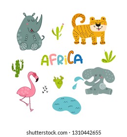 Vector set of cute cartoon Africa and African animals. Colorful wild animals hand drawn with lettering. elephant,tiger,flamingo,rhino isolated on white background. For children room, decoration