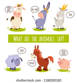 Vector set of cute cartoon animals: cow, goat, donkey, pig, sheep, horse.  What do the animals say. Educational children's game.  