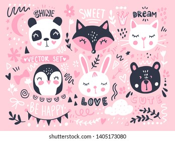 Vector set with cute cartoon animals - bear, panda, bunny, penguin, cat, fox. Funny series animals, quotes, hand drawn elements. Fashion animals. Bright stickers collection