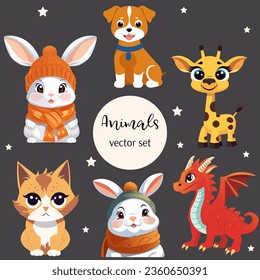 Vector set of cute cartoon animals - a rabbit in a knitted hat and scarf, a baby dragon, a puppy, a red cat, a cute giraffe on an isolated background.
