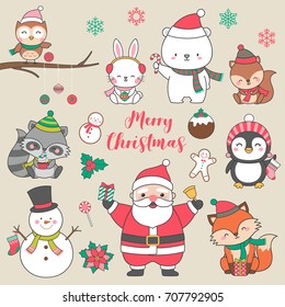 Vector Set of cute cartoon animals and decorative elements for christmas