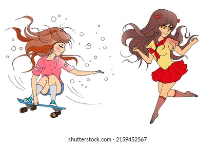 vector set and cute cartoon anime girls  sticker pack  Set illustration