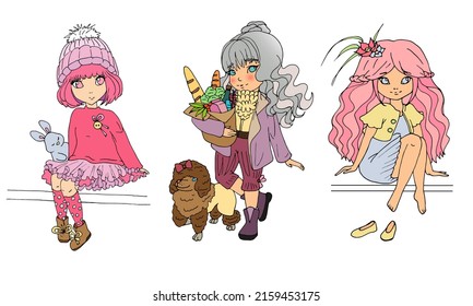vector set with cute cartoon anime girls, sticker pack. Set of illustration