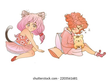 vector set with cute cartoon anime girls. sticker pack